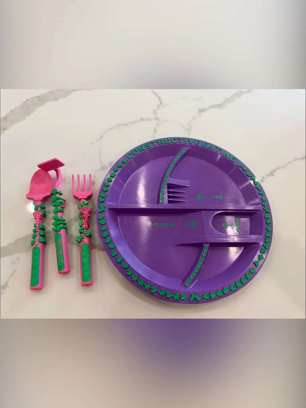 Constructive Eating Purple Divided Plate Pink & Green Scoop & Push Utensils